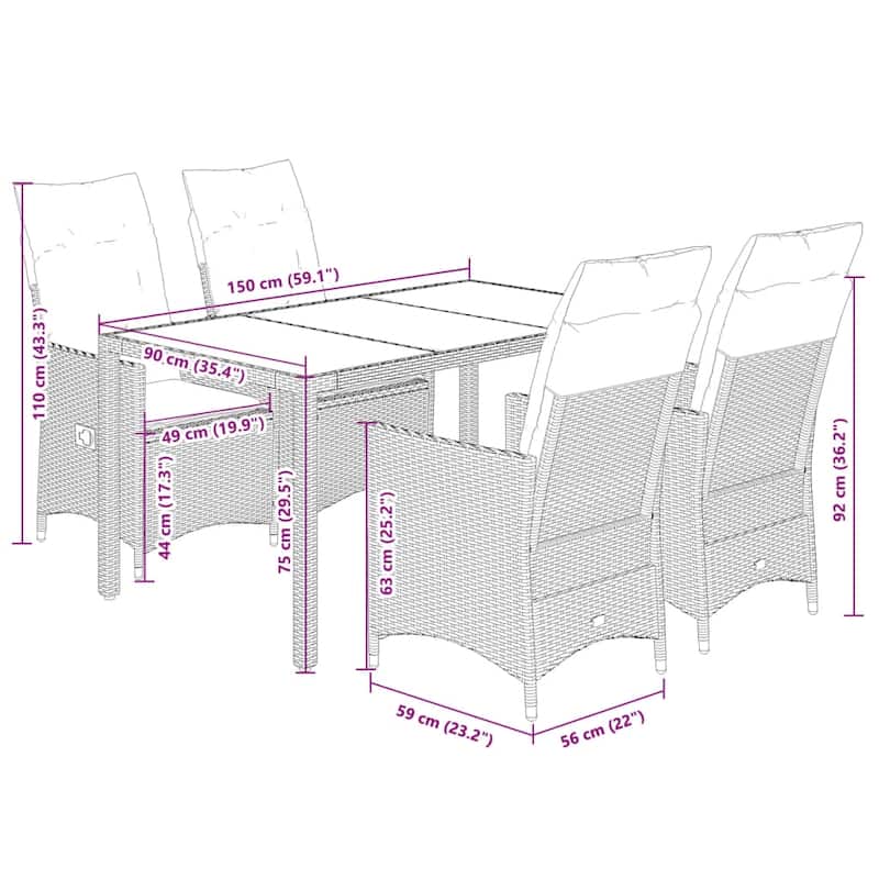 vidaXL Patio Dining Set with Cushions Bistro Futniture Set Black Poly Rattan - 22.0 x 23.2 x 36.2