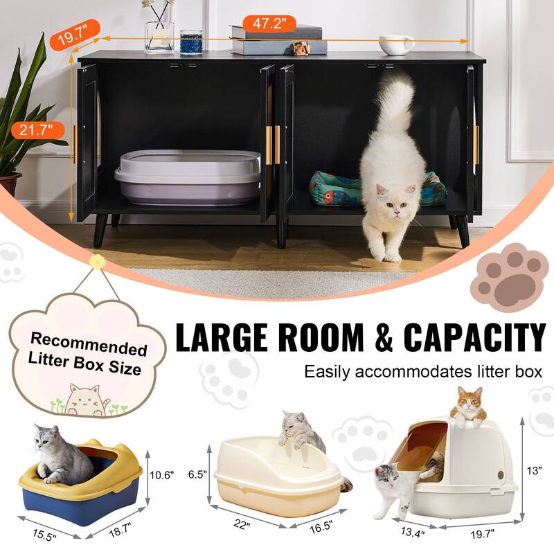 Multi-Functional Cat Litter Box Enclosure Furniture Hidden with 2 Windows and 4 Doors