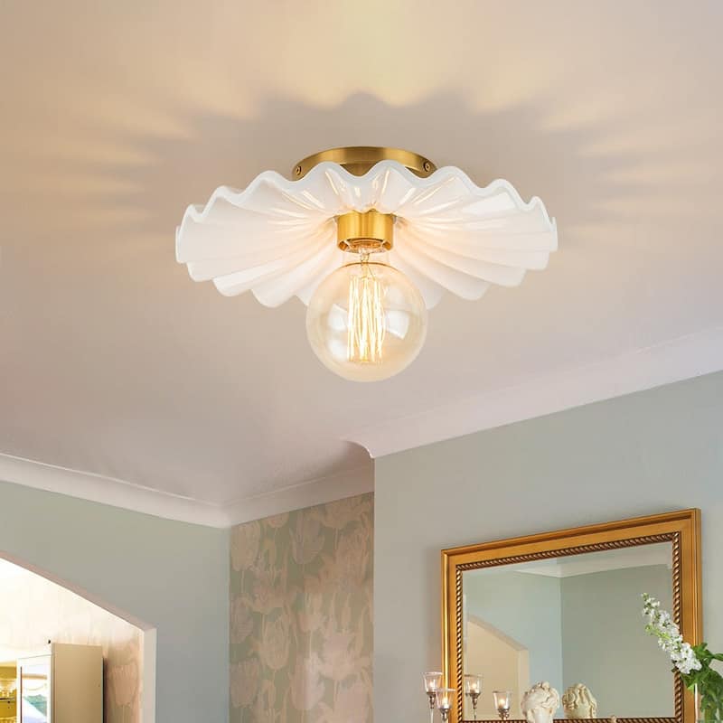 Decorative French Brass 1-Light Ceramic Ceiling Light - 12in Width - Brass