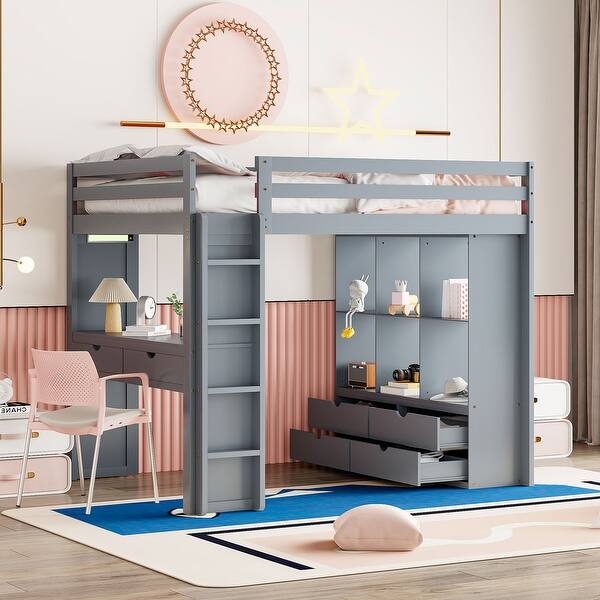 slide 2 of 13, Full Loft Bed with Shelves & Drawers, Writing Desk and LED Light, Gray