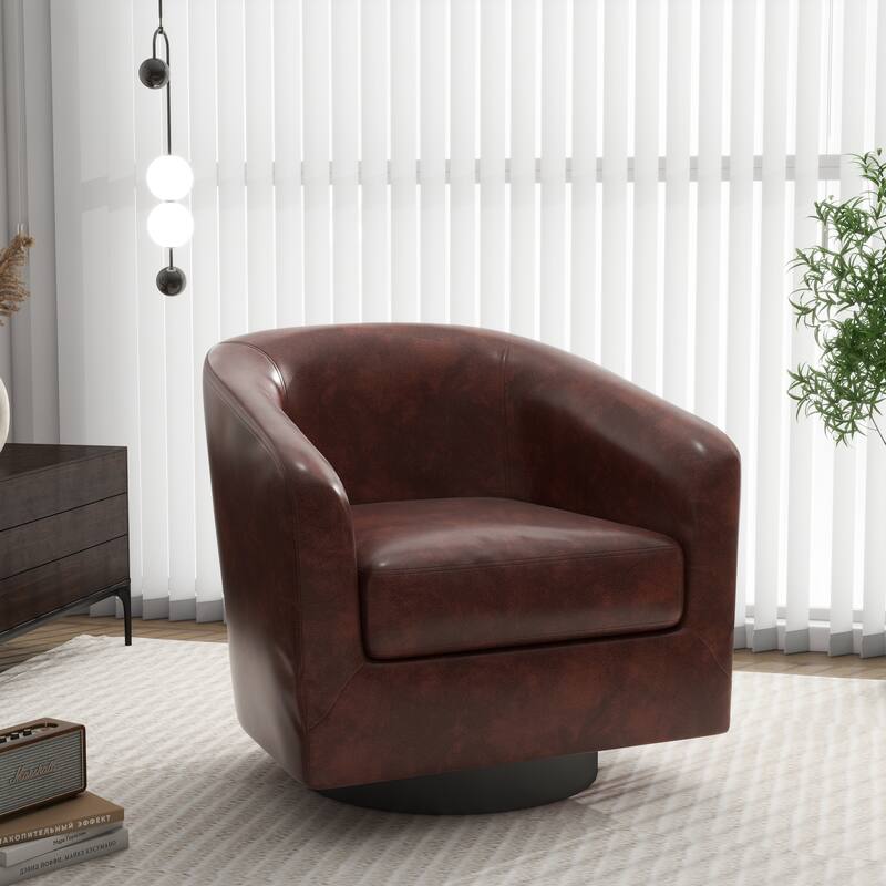 Round Barrel Armchair 360-Degree Swivel Accent Chairs - 28.26" x 25.32"x 26.55" - Red Brown(PU)