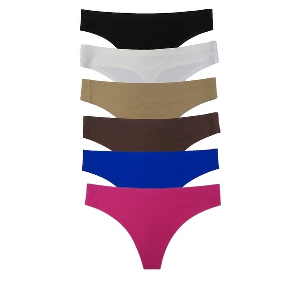 Women 6 Pack Laser Cut Solid Color Plain No Show Thong Panties