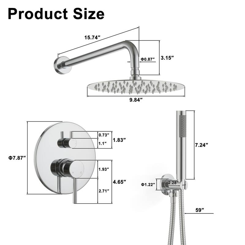 Clihome 10" Wall Rainfall 2 Way Round Shower System
