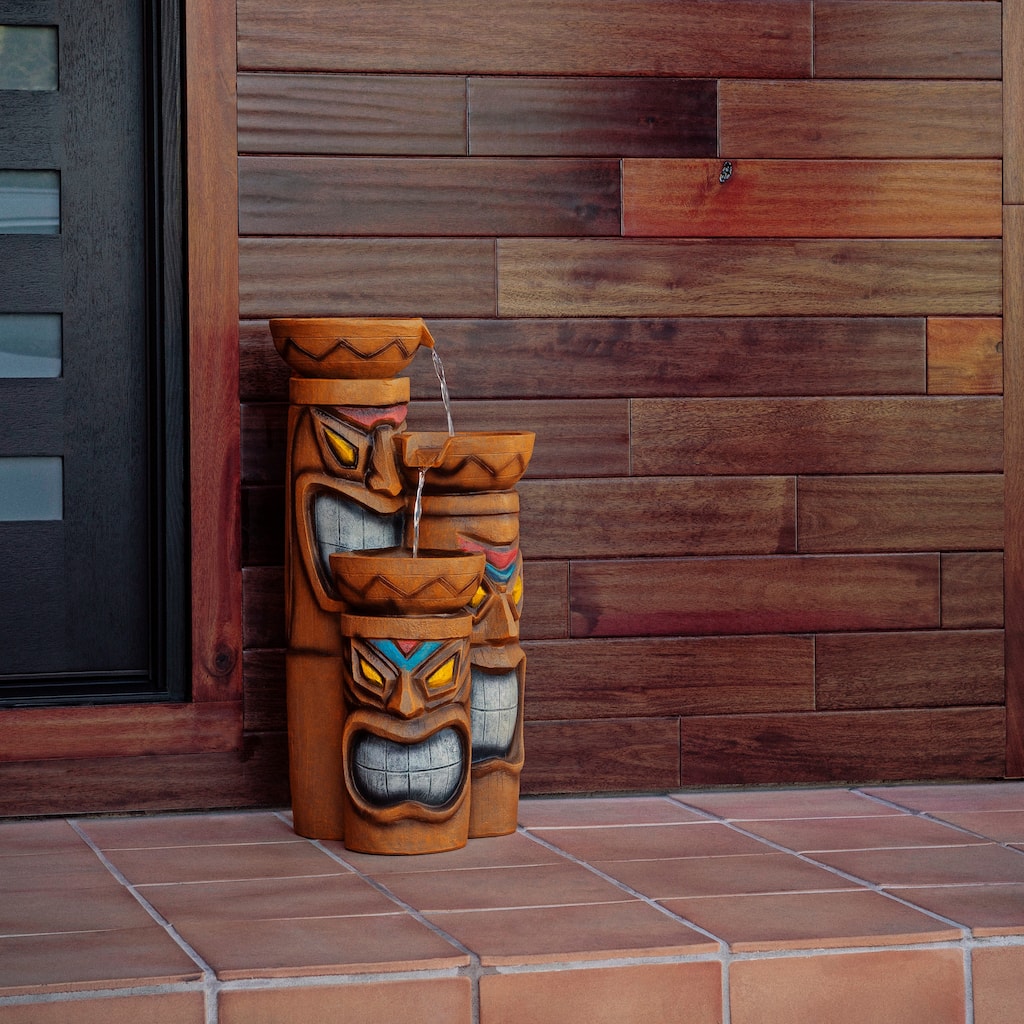 Alpine Corporation GIL839 29" Tall Triple Tiki Fountain with LED Lights, Outdoor Polynesian-Inspired Tiered Waterfall Feature