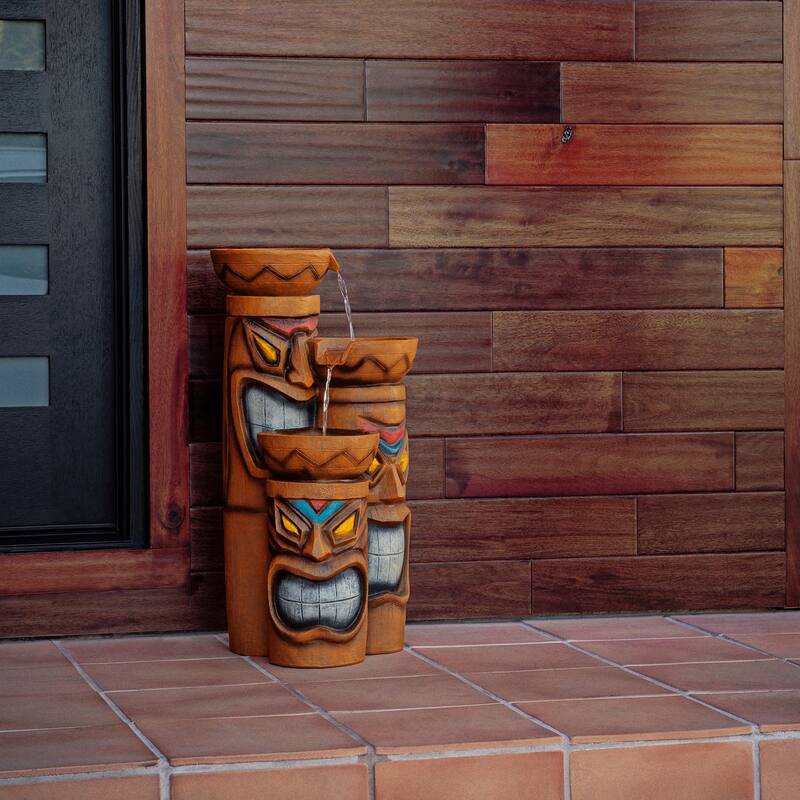 Alpine Corporation GIL839 29" Tall Triple Tiki Fountain with LED Lights, Outdoor Polynesian-Inspired Tiered Waterfall Feature