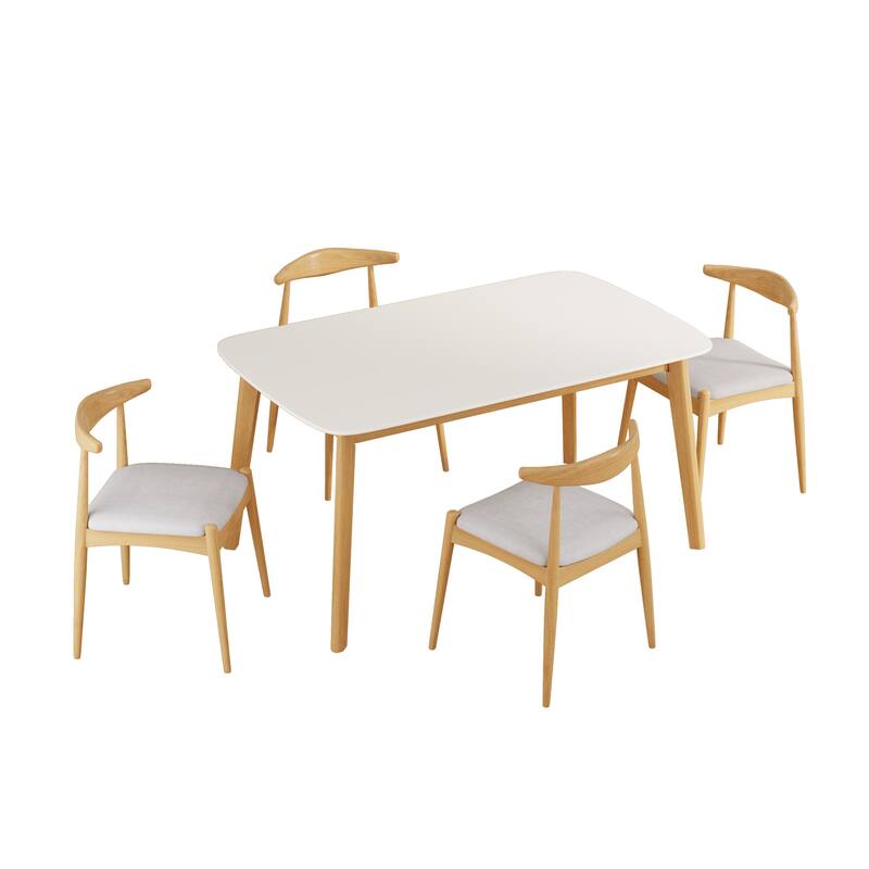 5-Piece, Mid-Century Modern Dining Table Set with Solid Wood Frame Table and 4 Chairs, for Kitchen, Dining Room, White Oak+Beige