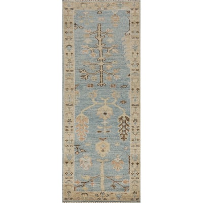 Light Blue Oushak Runner Rug Handmade Transitional Wool Carpet - 2'6" x 8'0"