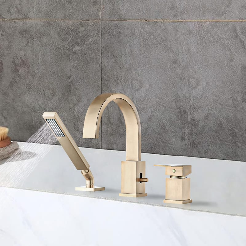 Waterfall Bathtub Faucet with Sprayer, 3-Hole Roman Tub Filler with Hand Shower Deck Mount Waterfall Tub Spout Set
