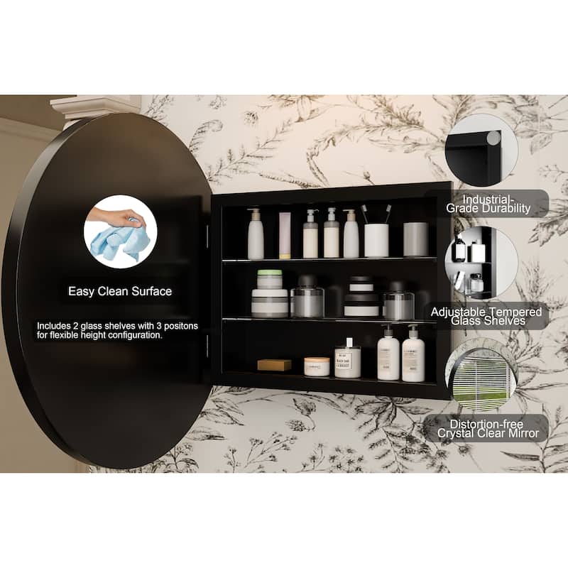23.6 Inch Surface Mount Round Medicine Cabinet with Mirror and Adjustable Shelves Black Wall Mirror with Storage for Bathroom