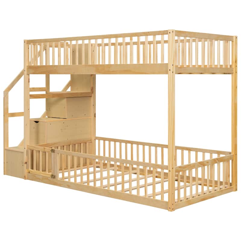 Twin Over Twin Floor Bunk Bed Frame with Storage Stairs and Door