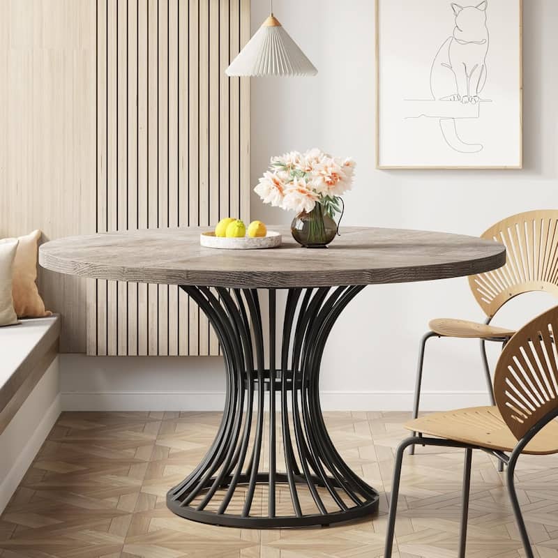 47" Farmhouse Round Dining Table for 4-6 -Industrial Dinner Table with Hourglass Metal Pedestal Base (Table Only) - Grey+Black