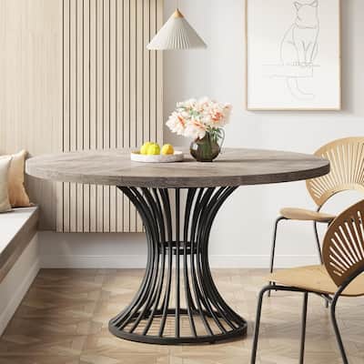 47" Farmhouse Round Dining Table for 4-6 -Industrial Dinner Table with Hourglass Metal Pedestal Base (Table Only)