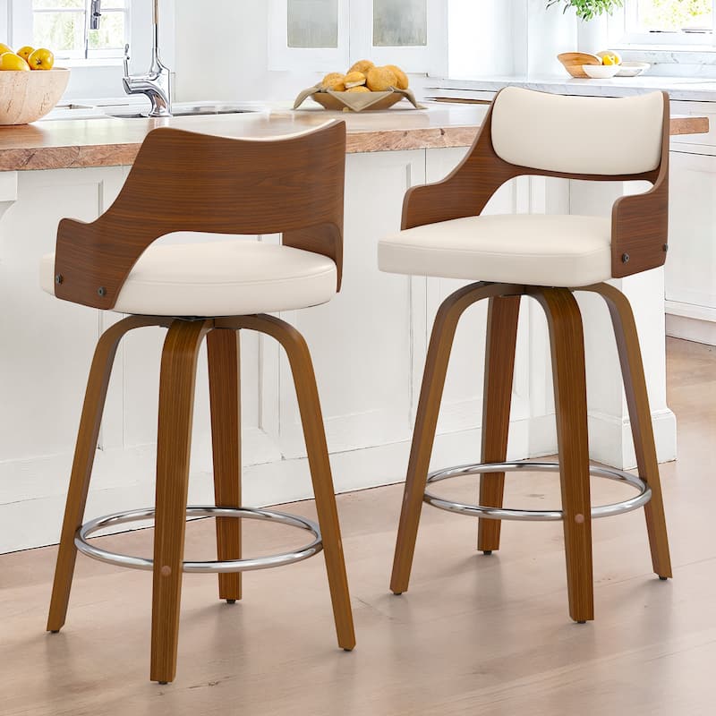 26.in Counter Height Stool Swivel Wooden Faux Leather Bar Stool with Curved Back - Ivory - Set of 2