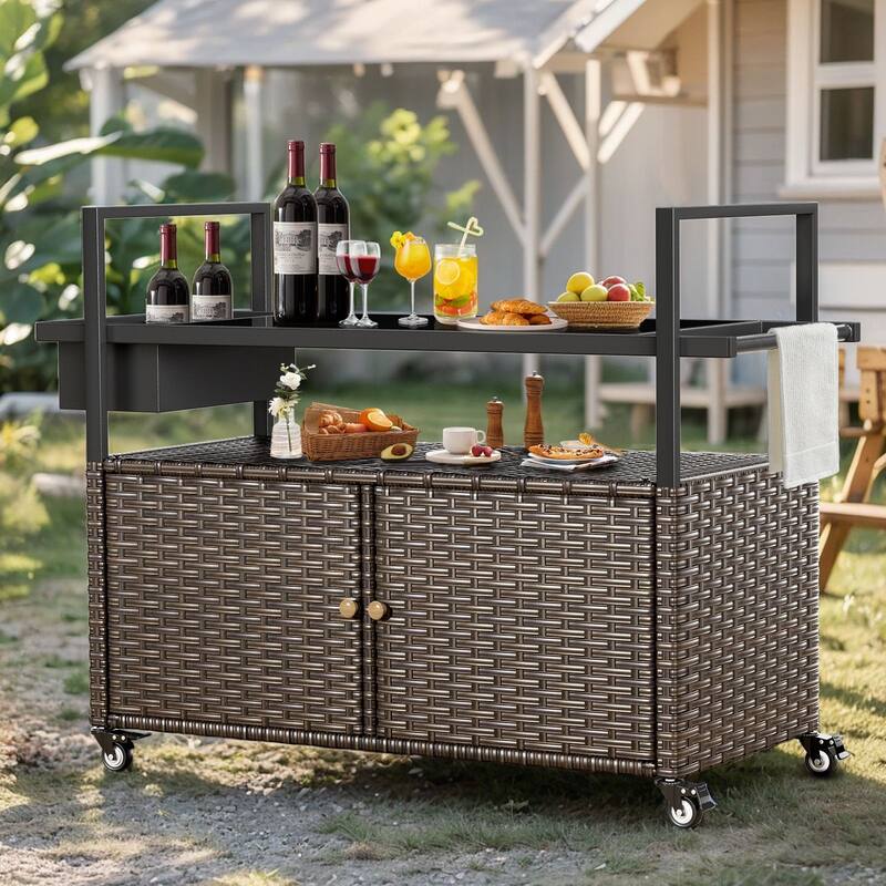 Outdoor Grill Cart Table with Wheels, Wicker Kitchen Island - Brown