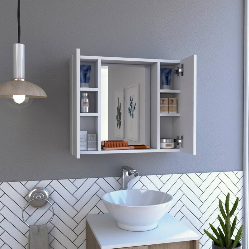 2-Door Medicine Cabinet with Mirror, Bathroom Wall Cabinet with Open Shelf