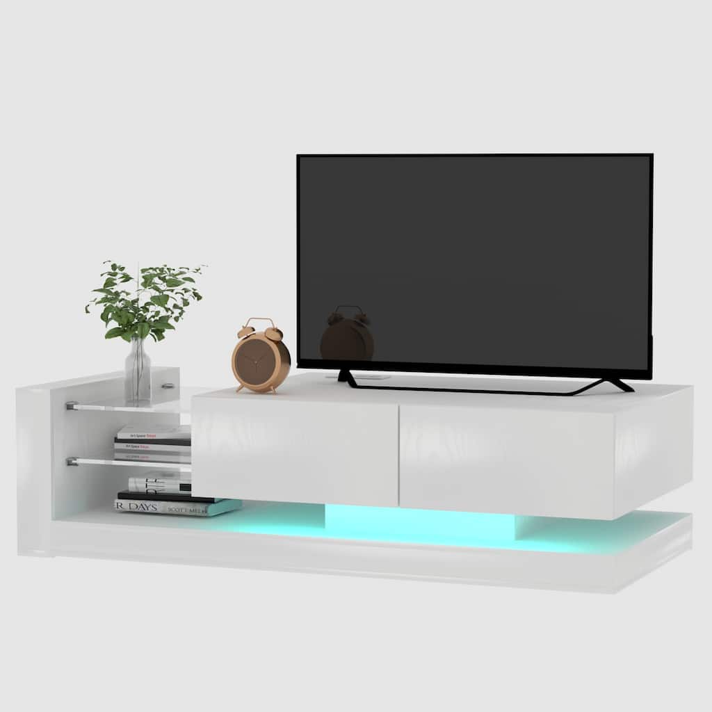 Wood TV Storage Console for TVs up to 75", Media TV Console Table with Open Shelves & 2 Cabinets, TV Stand with LED Lights