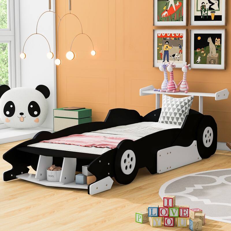 Twin Race Car-Shaped Platform Bed with Wheels, Themed Children's Bedroom Design - Black - Twin