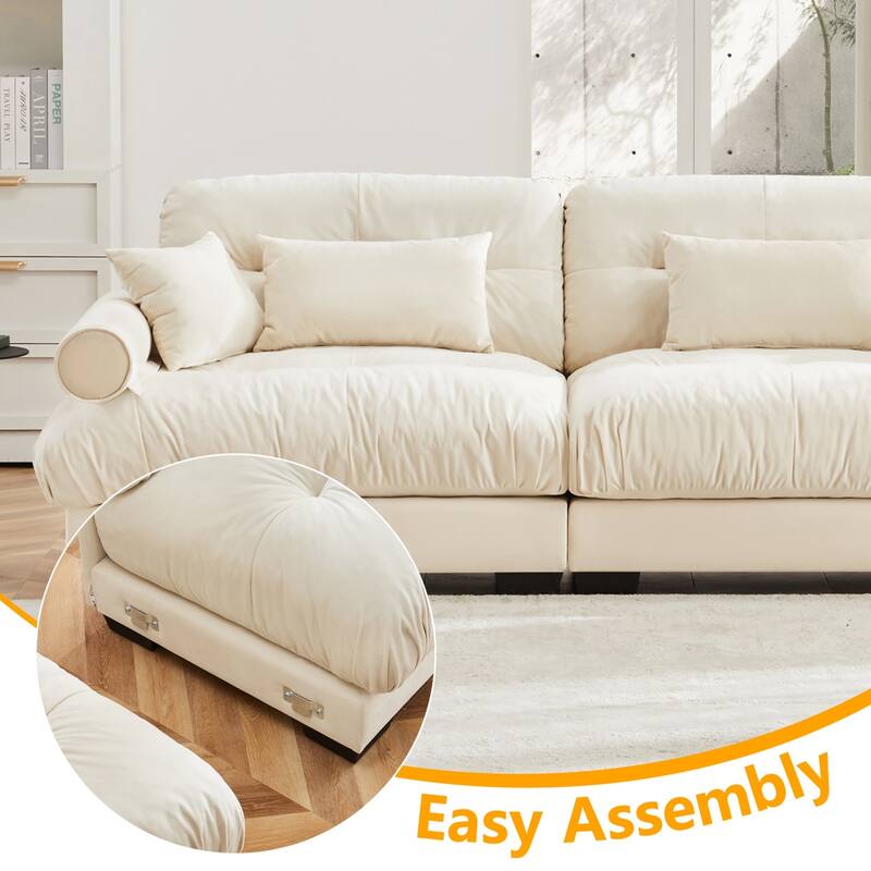 L-shaped Convertible Velvet Sectional Cloud Sofa with Ottoman & Pillows