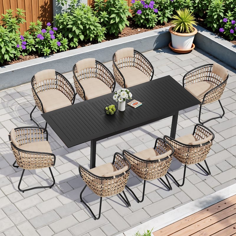 9-Piece Outdoor Dining Set Expandable Aluminum Dining Table Rectangular with PE Rattan Chairs
