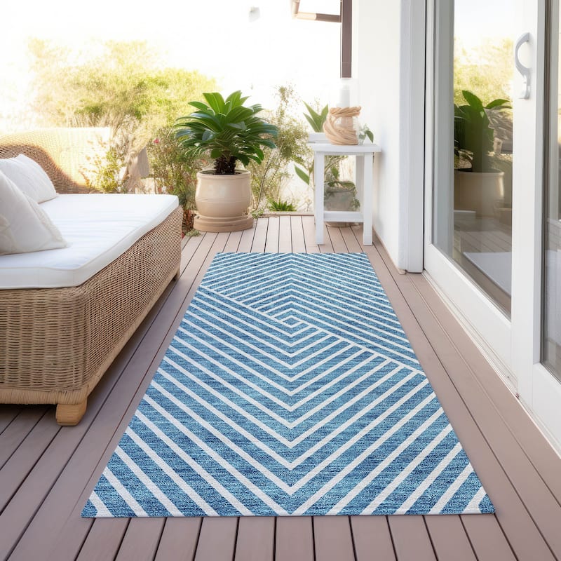Machine Washable Indoor/ Outdoor Modern Geo Chantille Rug - Teal - 2'3" x 7'6"