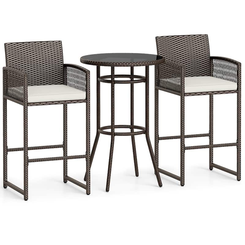 3-Piece Outdoor Patio Mix Brown Rattan Bar Set with Tempered Glass Table and Cushioned Chairs - 20.5" x 19.5" x 44"