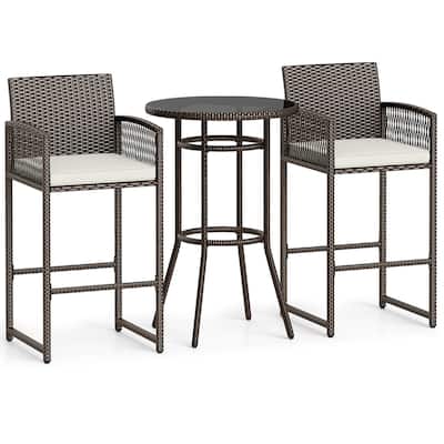 Gymax 3 Piece Wicker Patio Bar Set w/ 2 Seat Cushions Glass Tabletop