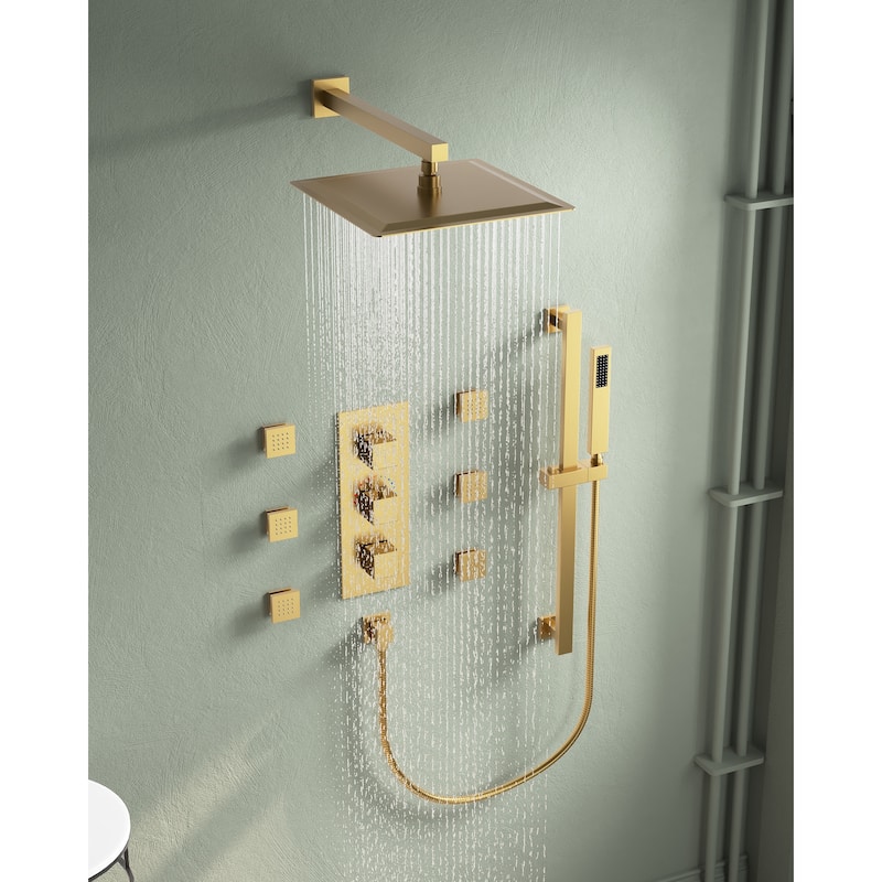 Thermostatic Shower System 12" High-Pressure Rainfall Shower Head with Slide Bar Hand Shower