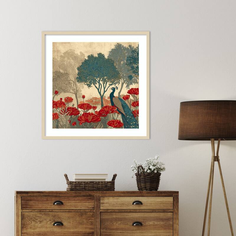Peacock Mughal Mural Designs No. 7 by Tradelink inhouse artist Wood Framed Wall Art Print - Svelte Natural
