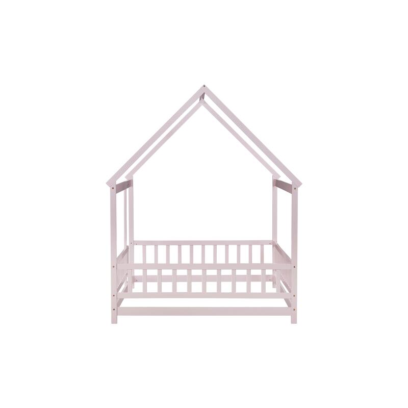 Full Size House Floor Wooden Bed with Roof Frame, Safety Guardrails