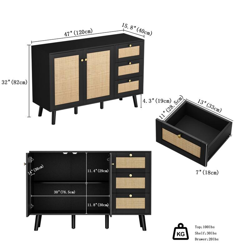 Anmytek Mid-Century Modern 2-Door Wood Rattan Buffet Sideboard Kitchen Storage Cabinet with 3 Drawers