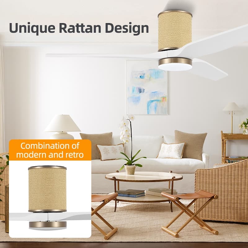 MLiAN 52 In. 3 Solid Wood Blades Flush Mount Ceiling Fan with Light Kit - 52"