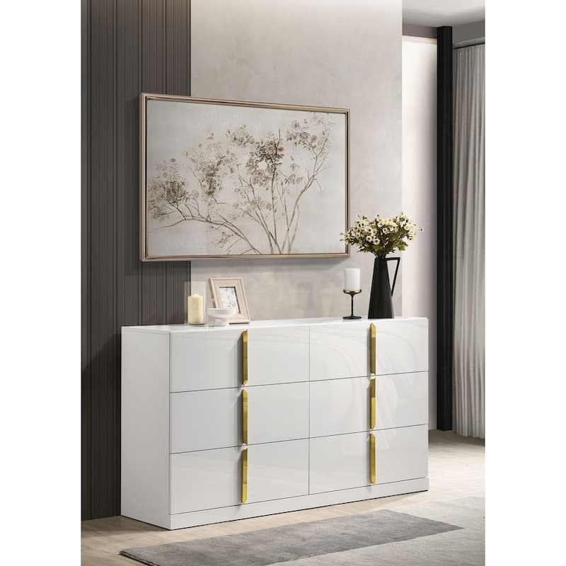 Ines 6-drawer Bedroom Dresser with Mirror White High Gloss