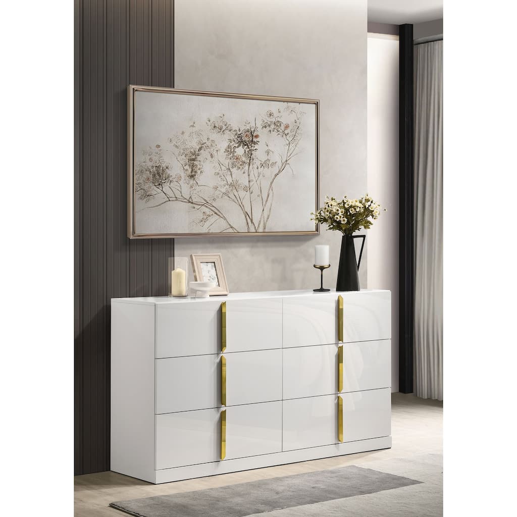 Ines 6-drawer Bedroom Dresser with Mirror White High Gloss