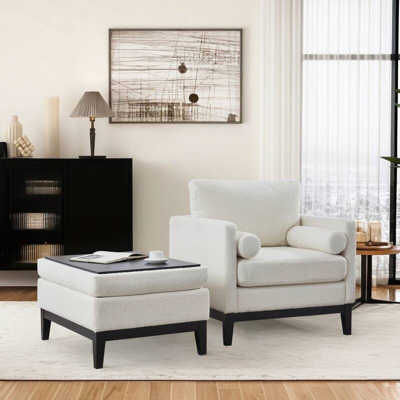 35" Farmhouse Style Boucle Single Sofa Accent Chair with Storage Footstool, Natural Wood Legs for Living Room, Office