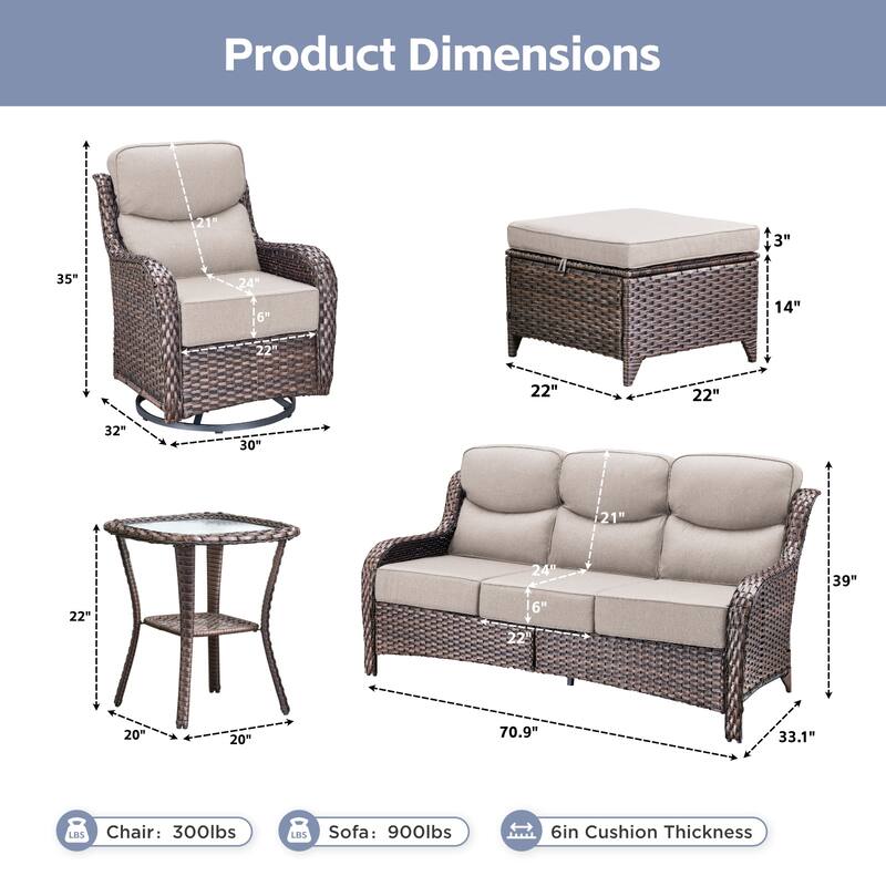 Meyreso 6-Piece Wicker Patio Conversation Set with Swivel Gliders and 6-Inch Thick Olefin Cushions