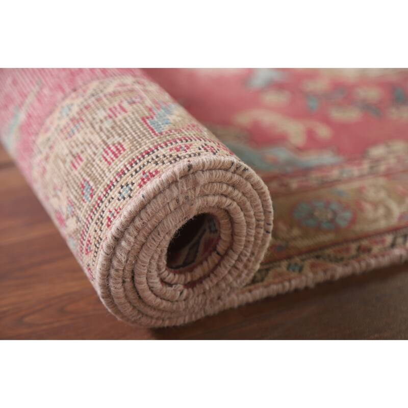 Hand Knotted Oriental 100% Wool Carpet Traditional Floral Pink Tabriz Runner Rug - 12' 9'' X 3' 3''