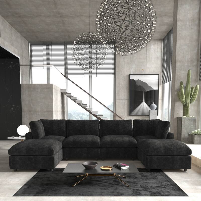 Minimalist U-shaped Upholstered Sofa 4-Seater Chenille Modular Sectional Couch with 2 Ottoman - Black