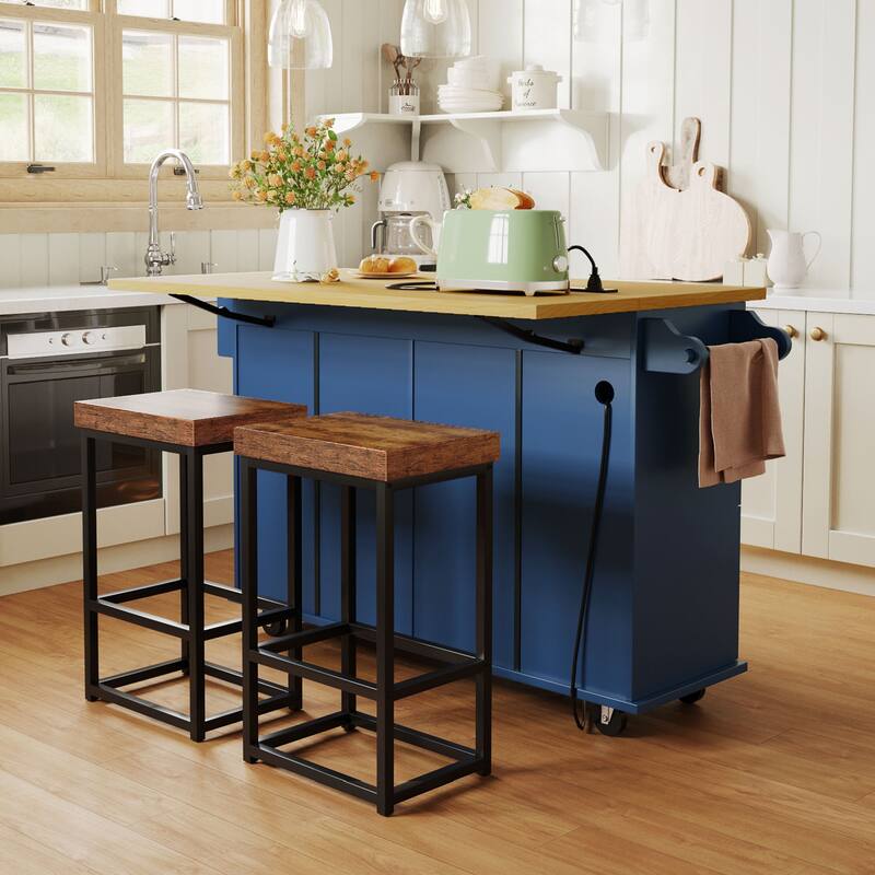Farmhouse Kitchen Island on Wheels with Drop Leaf, 2 Seating & Power Outlet