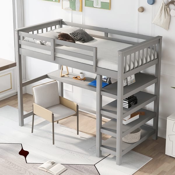 slide 2 of 45, Multifunctional Design Twin Size Loft Bed with Built-in Desk Grey