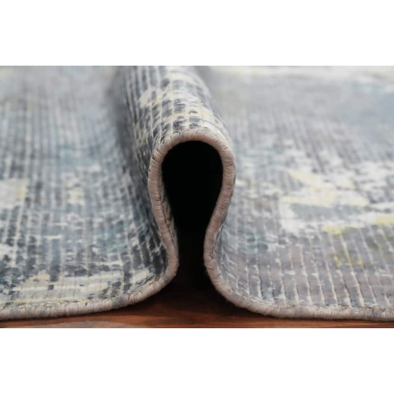 Hand Knotted Oriental Viscose Silk Carpet Modern All-Over Greys & Charcoal Abstract Area Rug - 7' 11'' X 5' 0''