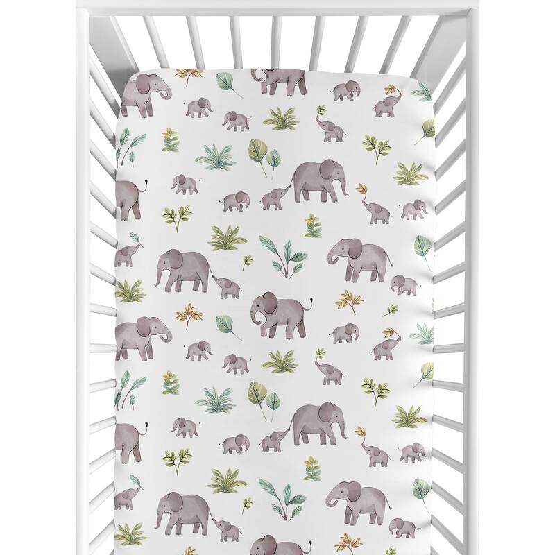 Sweet Jojo Designs Watercolor Elephants Boy Girl Gender Neutral 2 Pack Fitted Crib Sheets Solid Grey and Green Jungle Palm Trees