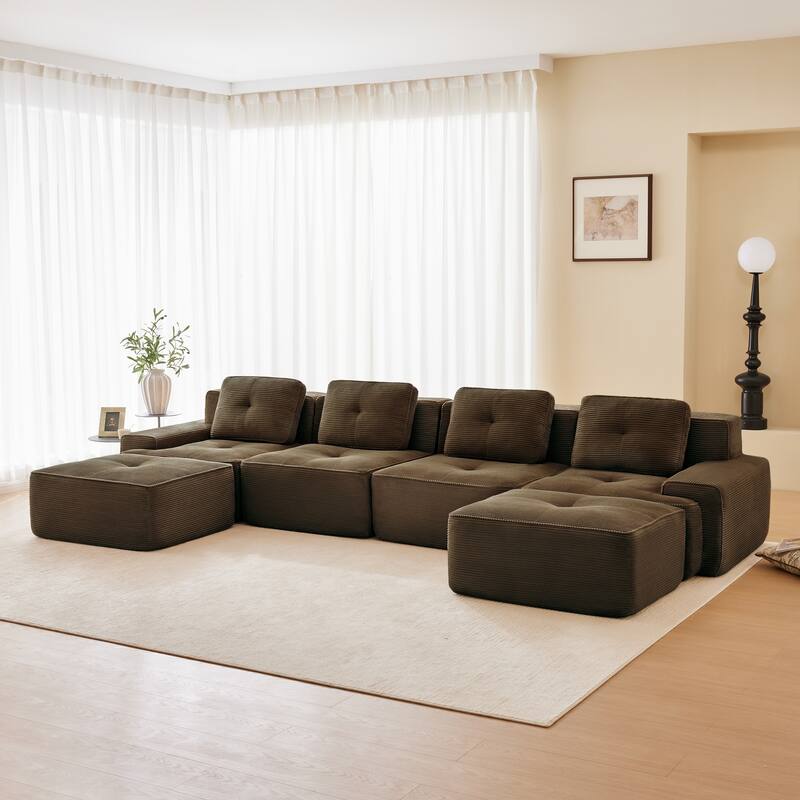 Roomfitters No Assembly Modular Sofa, 117 Inch Corduroy 3-Seater with Piping, Brown - Brown 153"  U-Shape