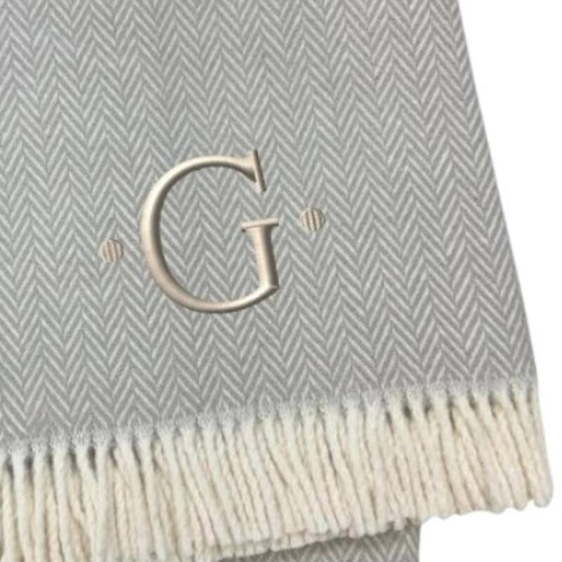 HomeRoots 55" X 70" Gray And White Herringbone Cotton Blend G Initial Throw Blanket with Tassels And Embroidery