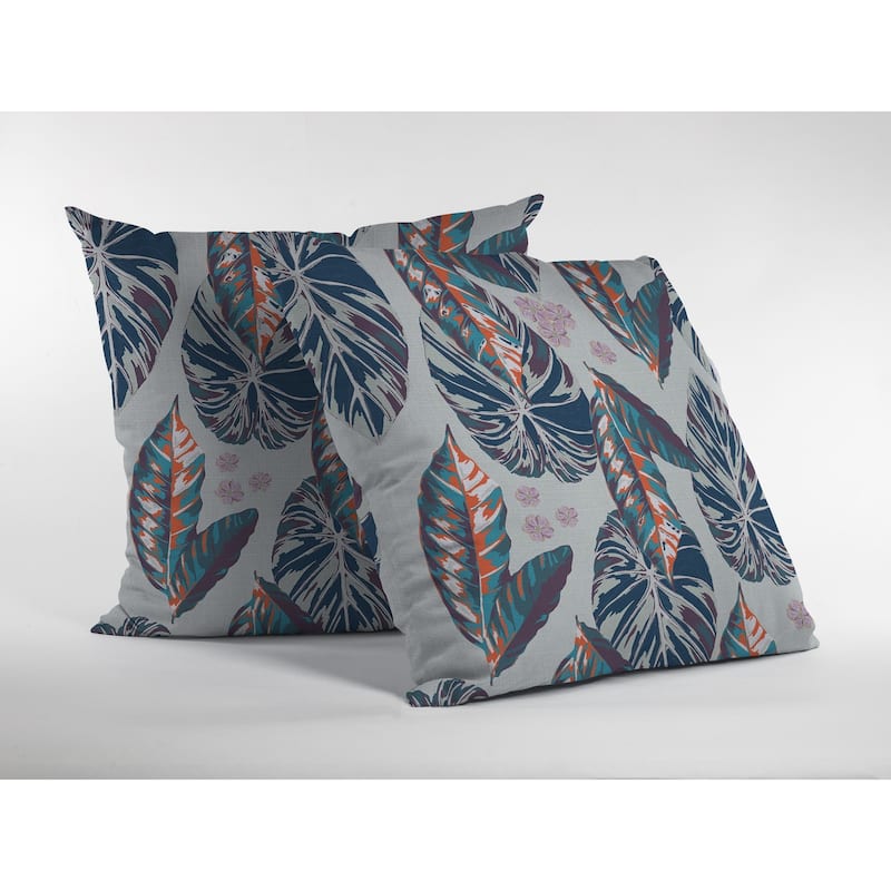 18" Blue Gray Tropical Leaf Zippered Suede Throw Pillow
