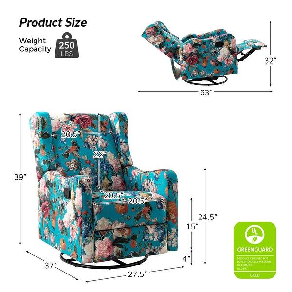 dimension image slide 6 of 7, Gastone Transitional Floral Fabric Nursery Recliner with Curved Arms by HULALA HOME(Set of 2)