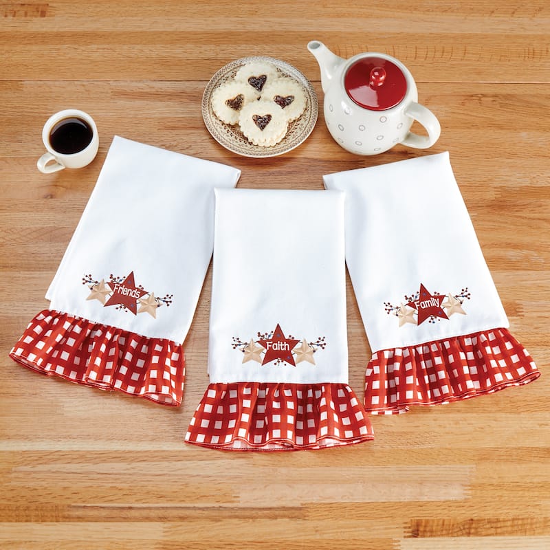 Primitive Country Star Plaid Ruffle Edge 3-Piece Hand Towel Set - 7.500 x 5.000 x 1.500 - Red - Single - 7.500 x 5.000 x 1.500
