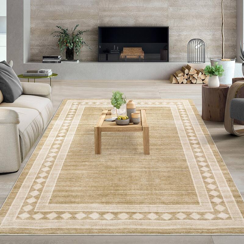 Modern Bordered Rug Non Slip Low Pile Area Rugs for Living Room, Machine Washable Area Rugs Soft Throw Rugs - 9'x12' - Taupe