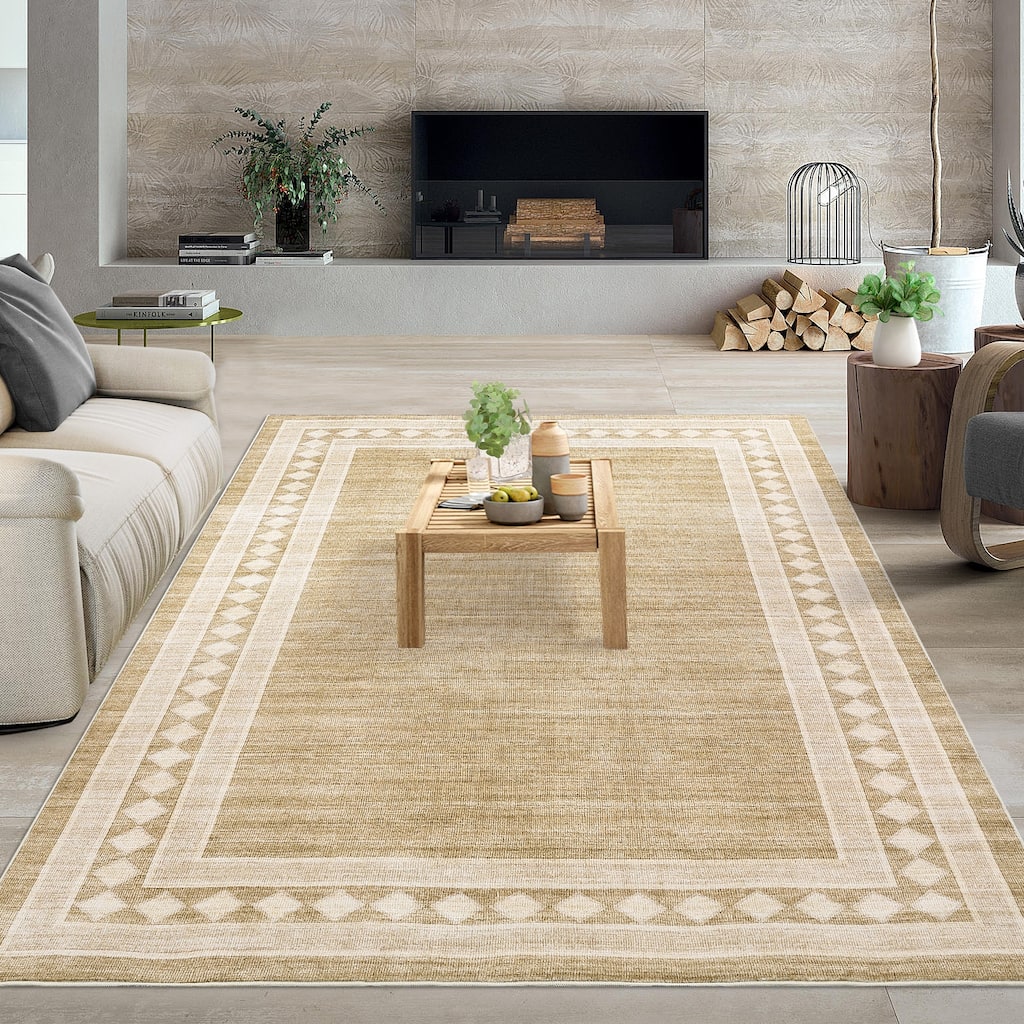 Modern Bordered Rug Non Slip Low Pile Area Rugs for Living Room, Machine Washable Area Rugs Soft Throw Rugs