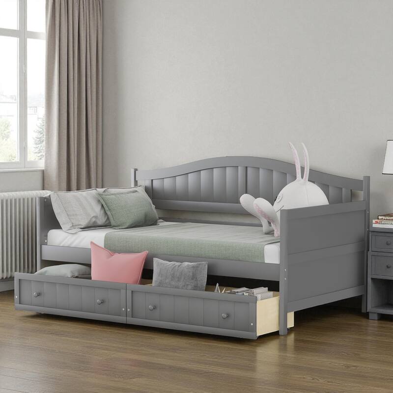 Twin Wooden Daybed with 2 Storage Drawers, Sofa Bed Frame for Bedroom or Living Room, Pine Wood Daybed with Slats