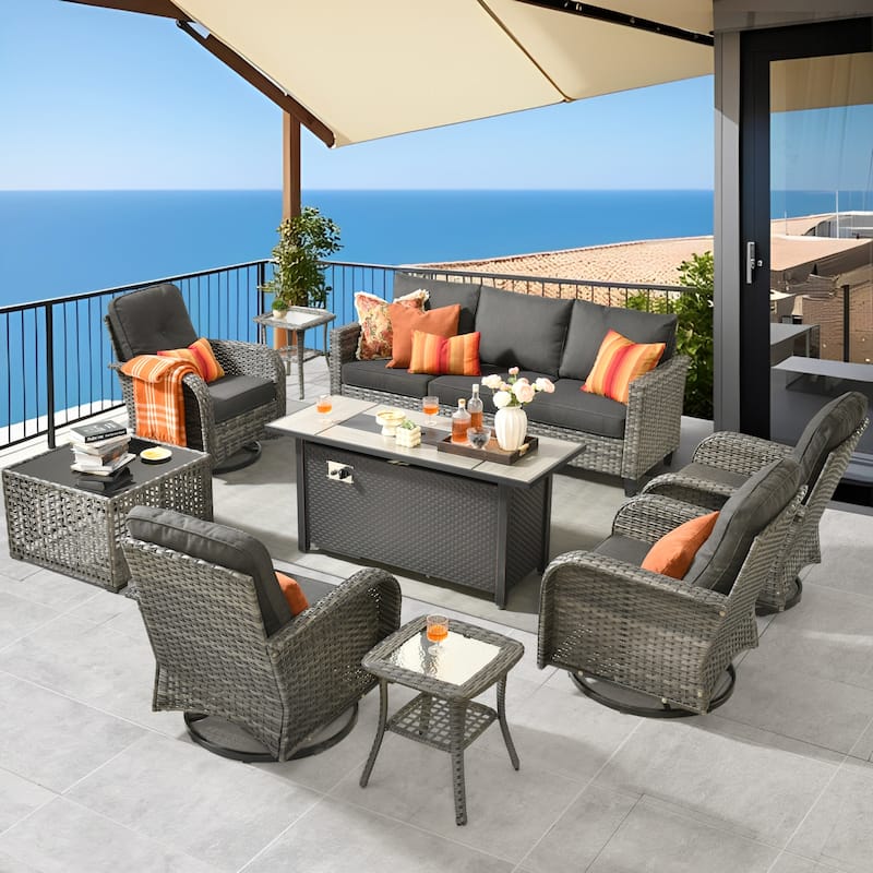 HOOOWOOO 9-piece Grey Wicker Outdoor Fire pit Set with Swivel Chairs - Black
